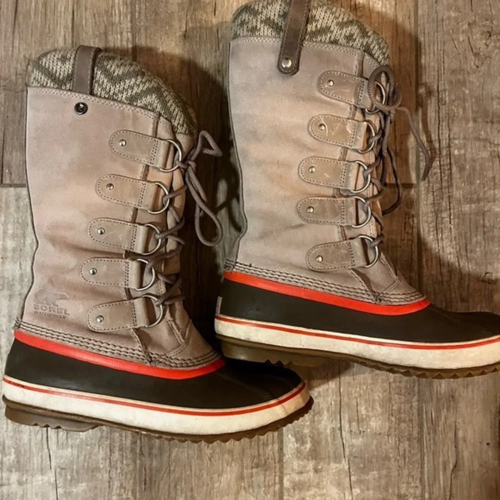 Sorel Boots Womens Size 10‎ Joan of Arctic Fossil Leather Knit Snow Waterproof